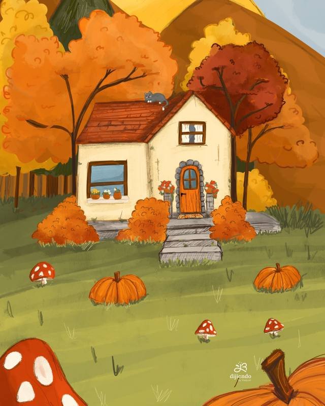 un dibujo mío de una casa en un bosque tipo otoño 