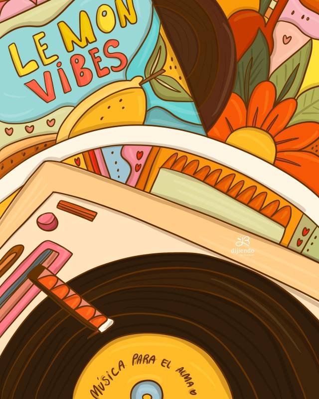 un dibujo mío de un tocadiscos y flores 