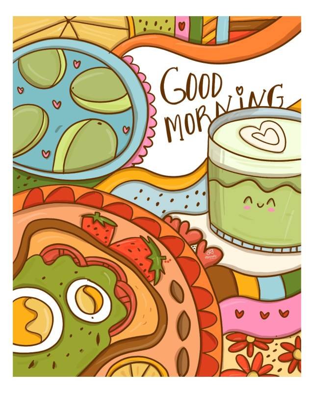 un dibujo mío de un desayuno con te matcha